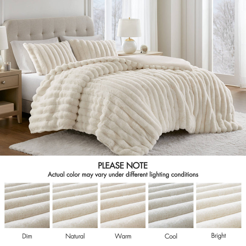 3-Piece King  soft Faux Fur Ribbed Comforter Set,Ivory Media 11