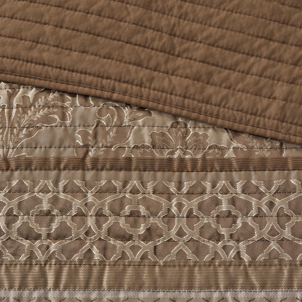 6 Piece Jacquard Quilt Set with Throw Pillows Brown/Gold King/Cal King Media 8