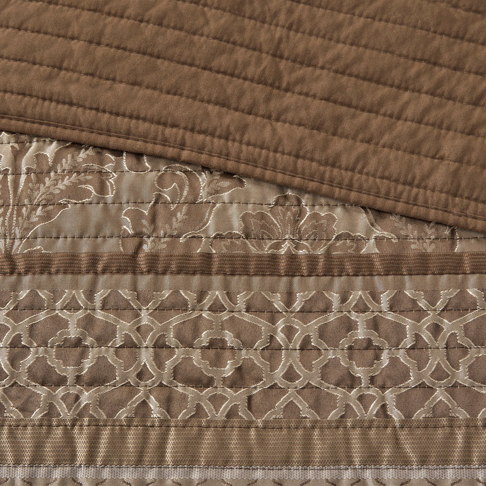 6 Piece Jacquard Quilt Set with Throw Pillows Brown/Gold King/Cal King Media 8