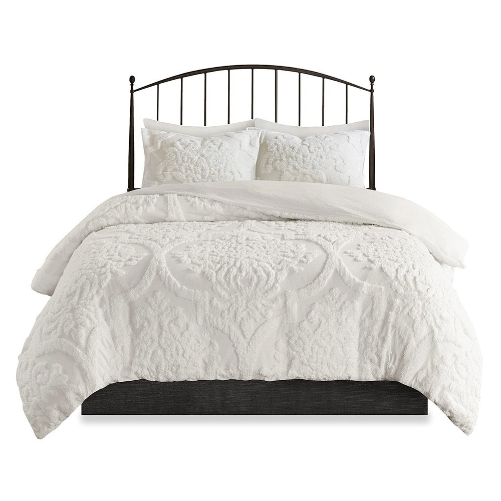 King/Cal King 3 Piece Tufted Cotton Chenille Damask Duvet Cover Set Media 2