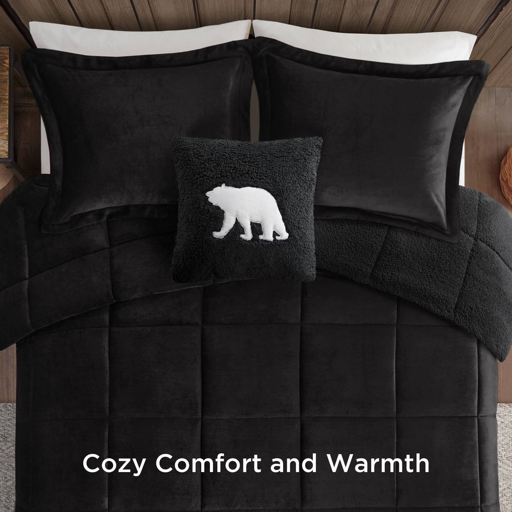 4-Piece Full/Queen Plush to Sherpa Down Alternative Comforter Set,Black/Black Media 13