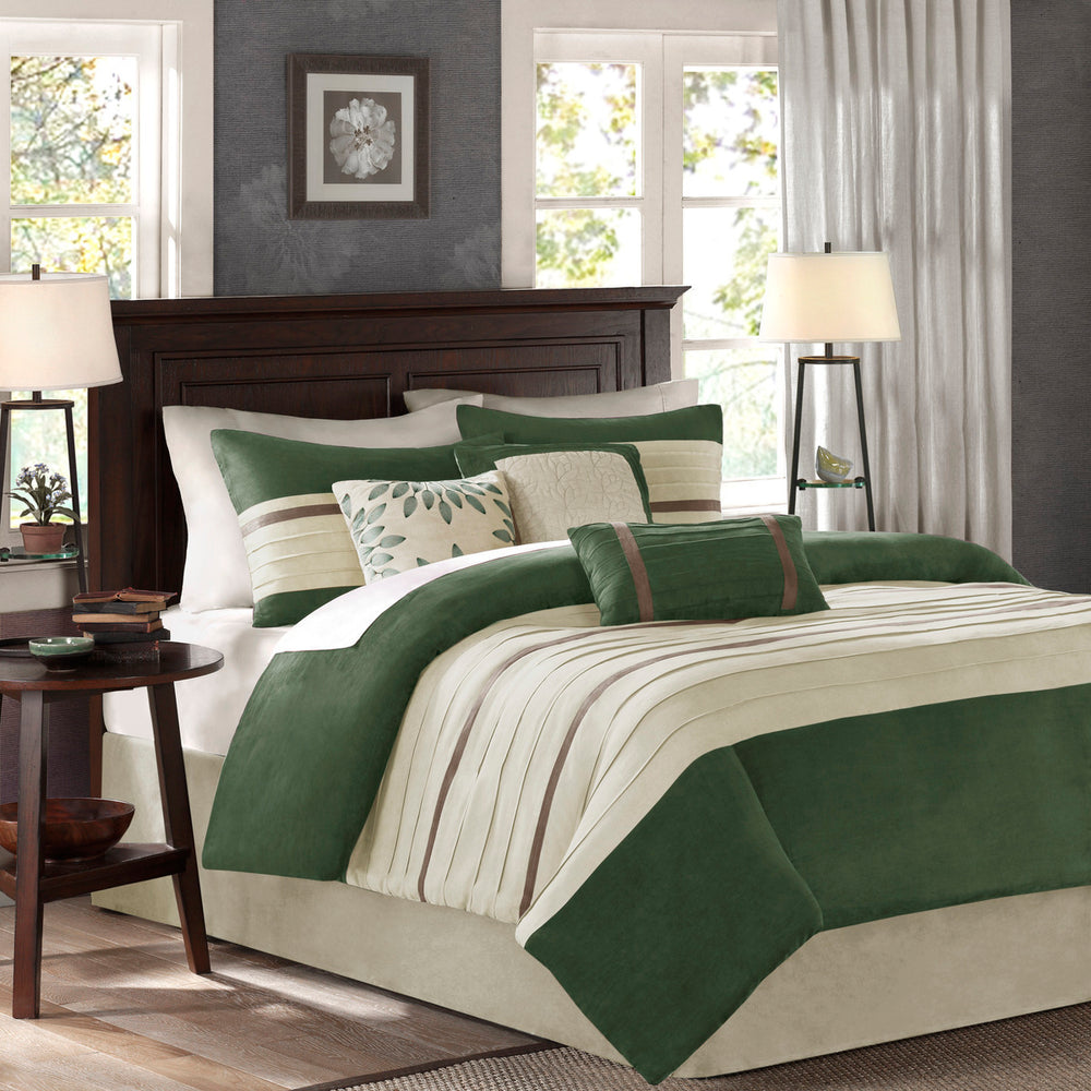 7 PC Pieced Faux Suede Comforter Set Green King Media 1