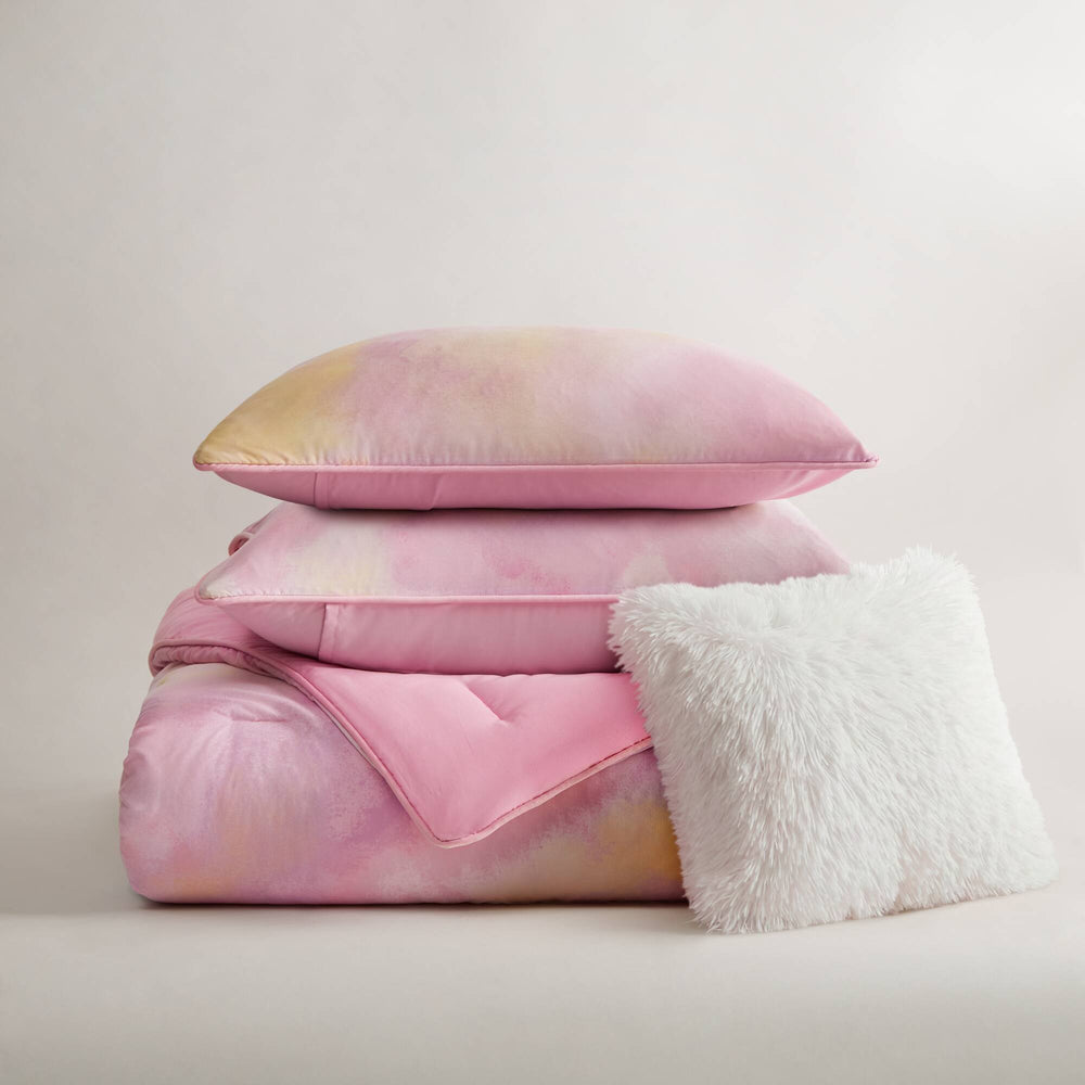 4 Pieces King/Cal King Watercolor Tie Dye Printed Comforter Set with Throw Pillow,Pink Media 9