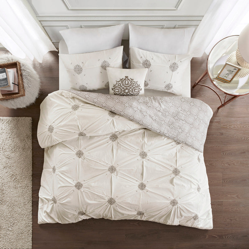 King/Cal King 4 Piece Embroidered Cotton Reversible Duvet Cover Set