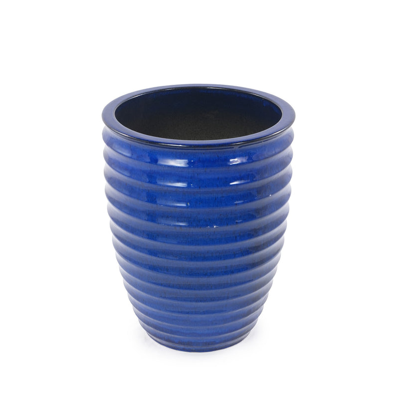 Handmade Sapphire Blue Ceramic Planter, 17 Inch Diameter, 1 Piece, Horizontal Ripples Pattern, for Monstera and Fiddle Leaf Fig, Indoor & Outdoor Doorway Use, Breathable Clay