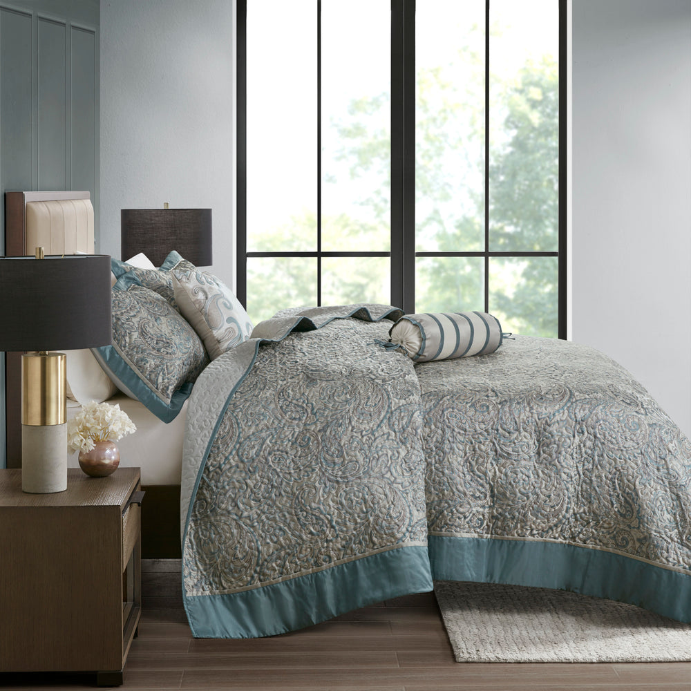 5 Piece Jacquard Bedspread Set with Throw Pillows Teal Queen Media 6