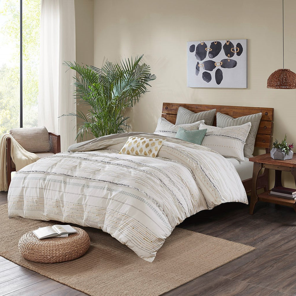 Cotton Printed Comforter Set with Trims Off White/Gray Full/Queen Media 1