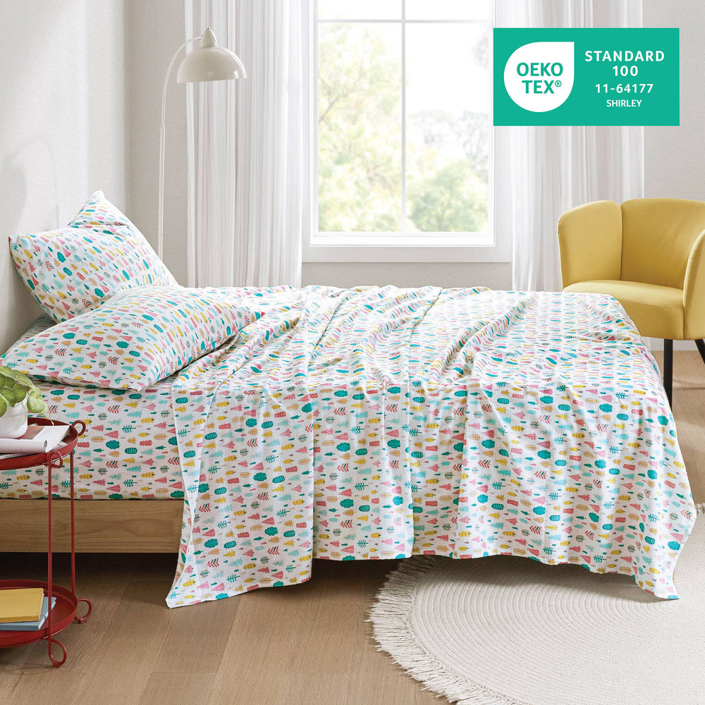 3 PCS Twin XL Cotton Printed Sheet Set White Holiday Trees Media 2