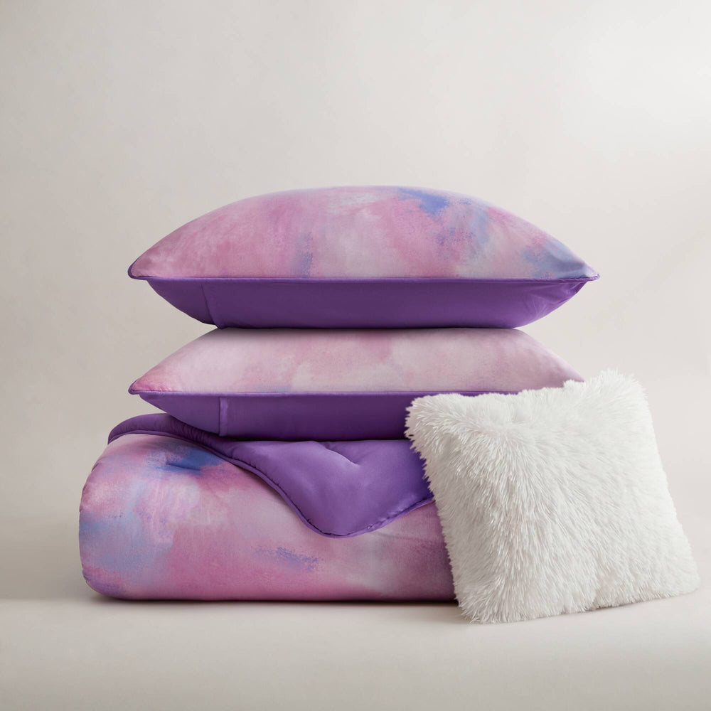 4 Pieces King/Cal King Watercolor Tie Dye Printed Comforter Set with Throw Pillow,Purple Media 9