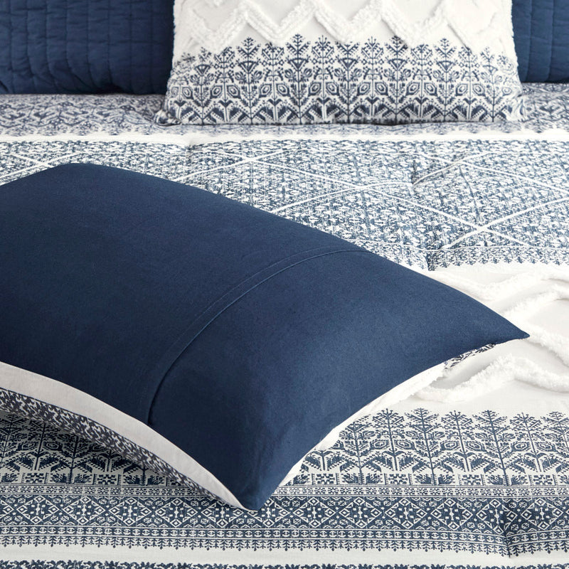 3 Piece Cotton Comforter Set with Chenille Tufting Navy Full/Queen