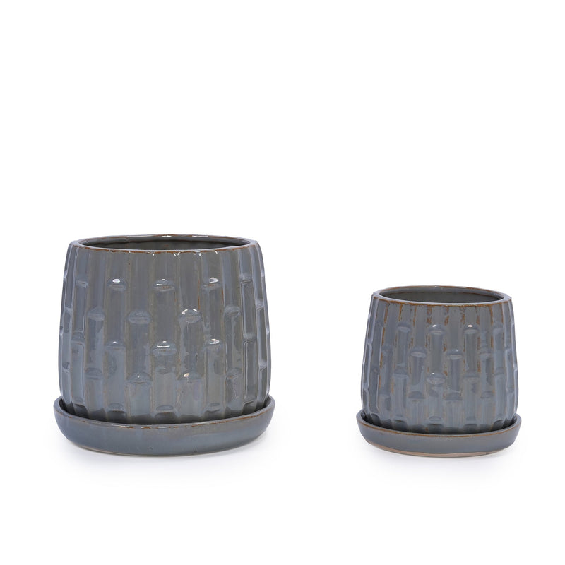 Handmade Gray Glazed Ceramic Planter Set of 2, 6' & 8' Diameter, Vertical Ribbed Pattern, for Succulents & Herbs Indoor/Outdoor Shelf & Table Use, Breathable Clay with Saucers