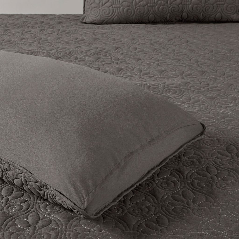 3 Piece Split Corner Pleated Quilted Bedspread Dark Grey King Media 9