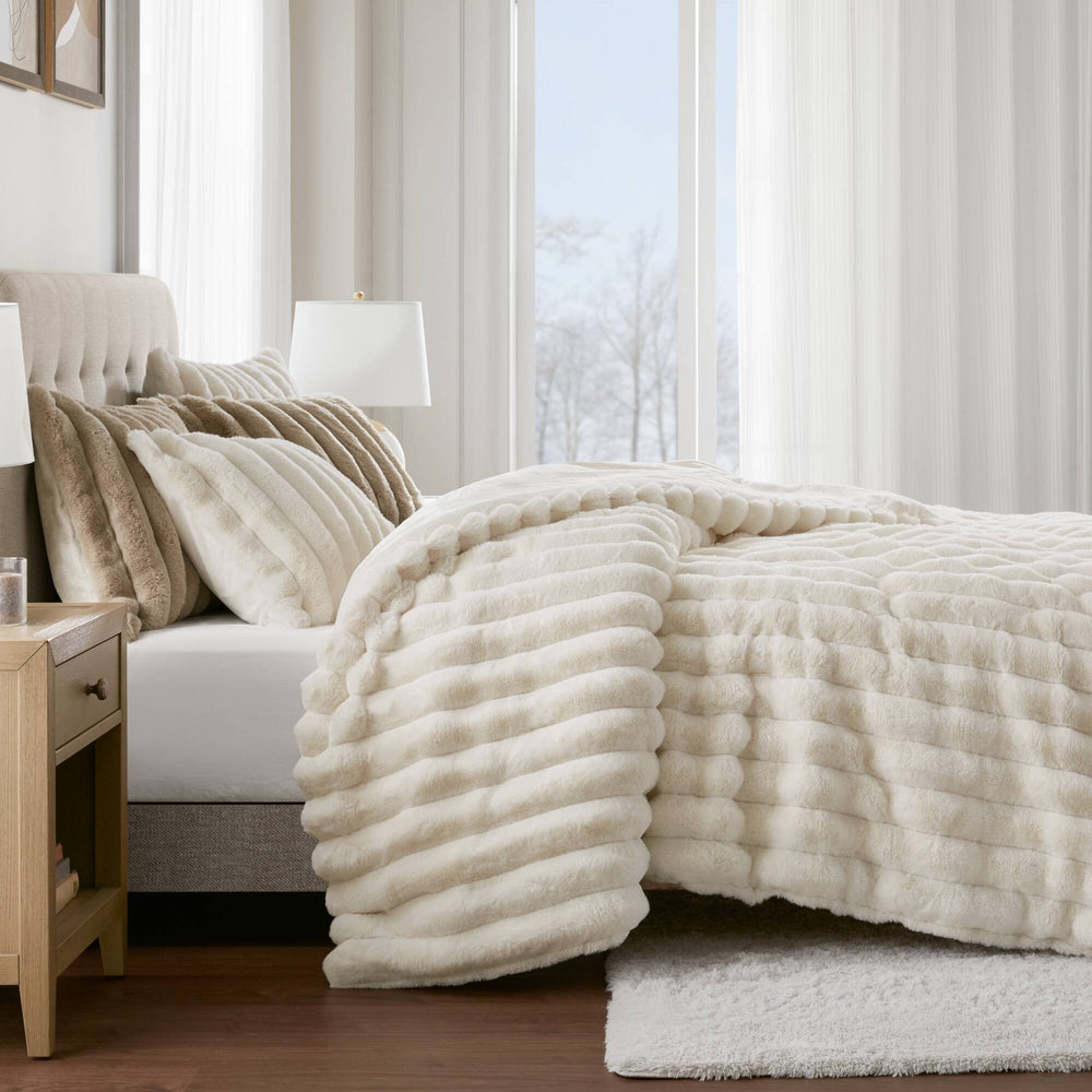 3-Piece Full/Queen  soft Faux Fur Ribbed Comforter Set,Ivory Media 21