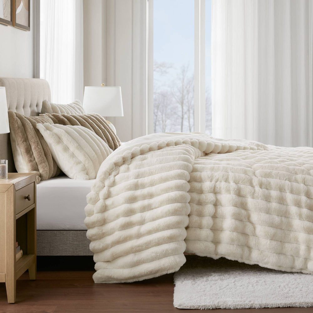 3-Piece Full/Queen  soft Faux Fur Ribbed Comforter Set,Ivory Media 21
