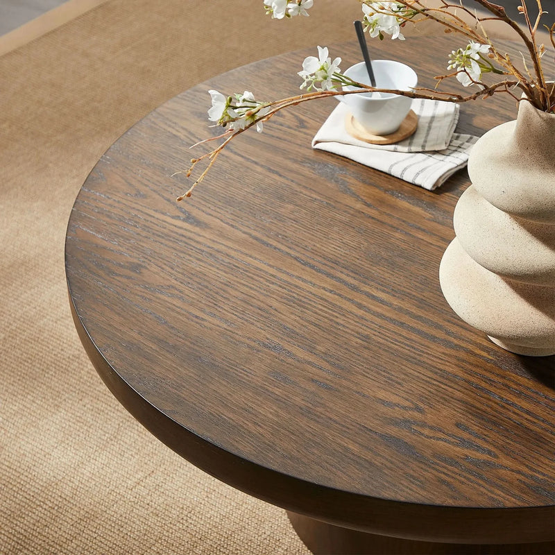 Round Coffee Table Oak Veneer Minimalist Living Room With Cylindrical Leg