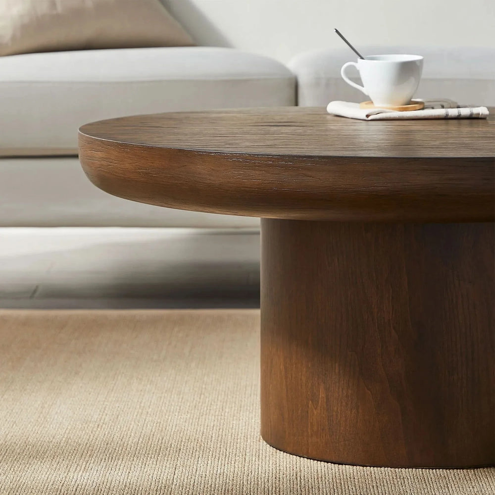 Round Coffee Table Oak Veneer Minimalist Living Room With Cylindrical Leg Media 7