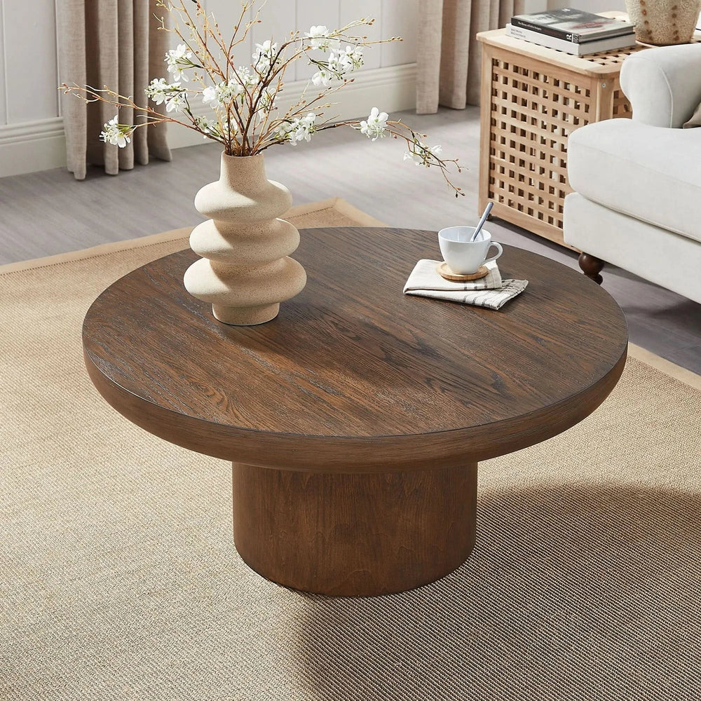 Round Coffee Table Oak Veneer Minimalist Living Room With Cylindrical Leg Media 5