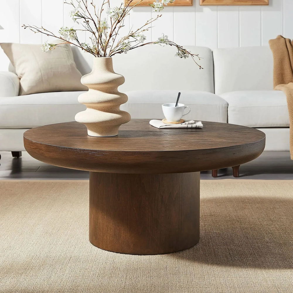 Round Coffee Table Oak Veneer Minimalist Living Room With Cylindrical Leg Media 1