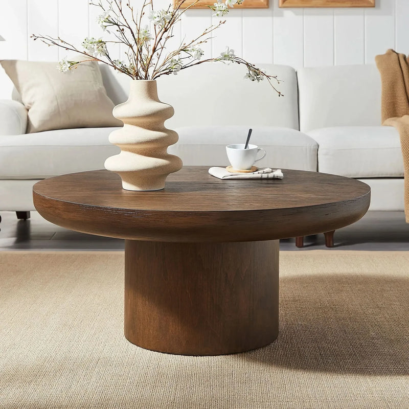 Round Coffee Table Oak Veneer Minimalist Living Room With Cylindrical Leg