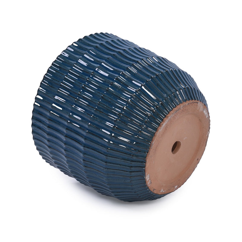 Handmade Denim Blue Glaze Ceramic Planter Set of 4, 7/9/12/14 Inch, Horizontal Grooves, Indoor & Outdoor Herb Succulent Pots, Breathable Clay with Drainage Holes