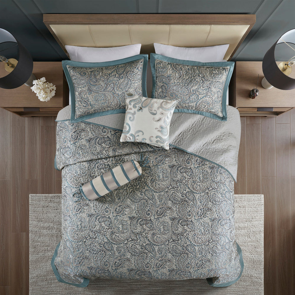 5 Piece Jacquard Bedspread Set with Throw Pillows Teal King Media 6