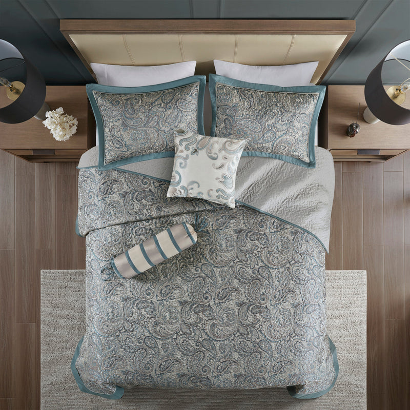 5 Piece Jacquard Bedspread Set with Throw Pillows Teal King