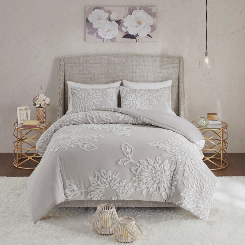 3 Piece Tufted Cotton Chenille Floral Comforter Set Warm Grey/White Full/Queen