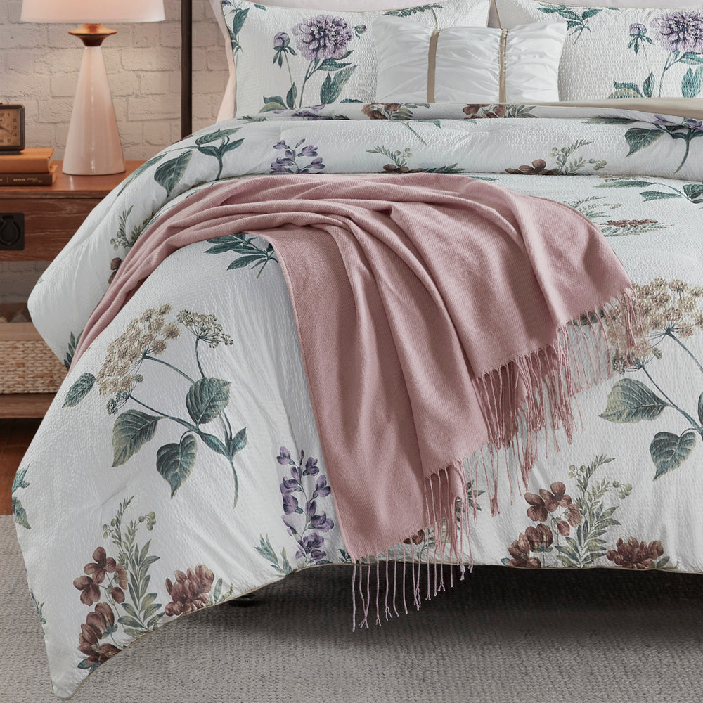 7 Piece Printed Seersucker Comforter Set with Throw Blanket Taupe/Blush King/Cal King Media 5