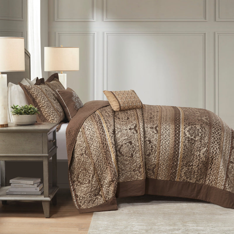 5 Piece Reversible Jacquard Bedspread Set Brown/Gold Queen