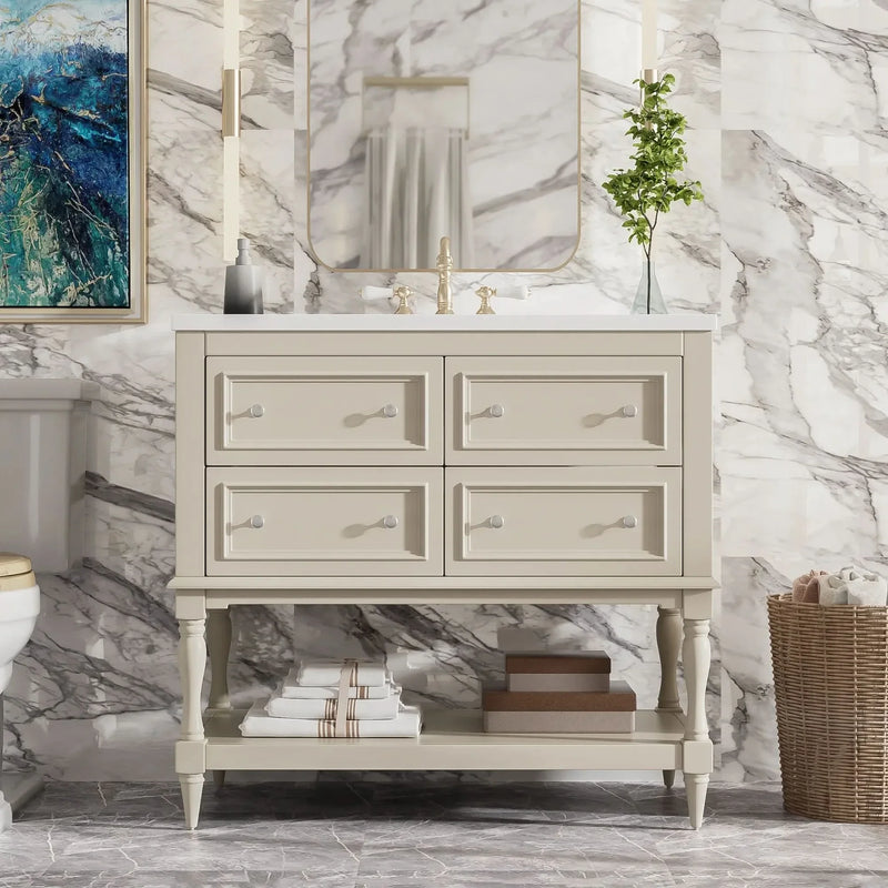 Bathroom Vanity Ceramic Sink Solid Wood Cabinet Beige 36 Inch Free Standing