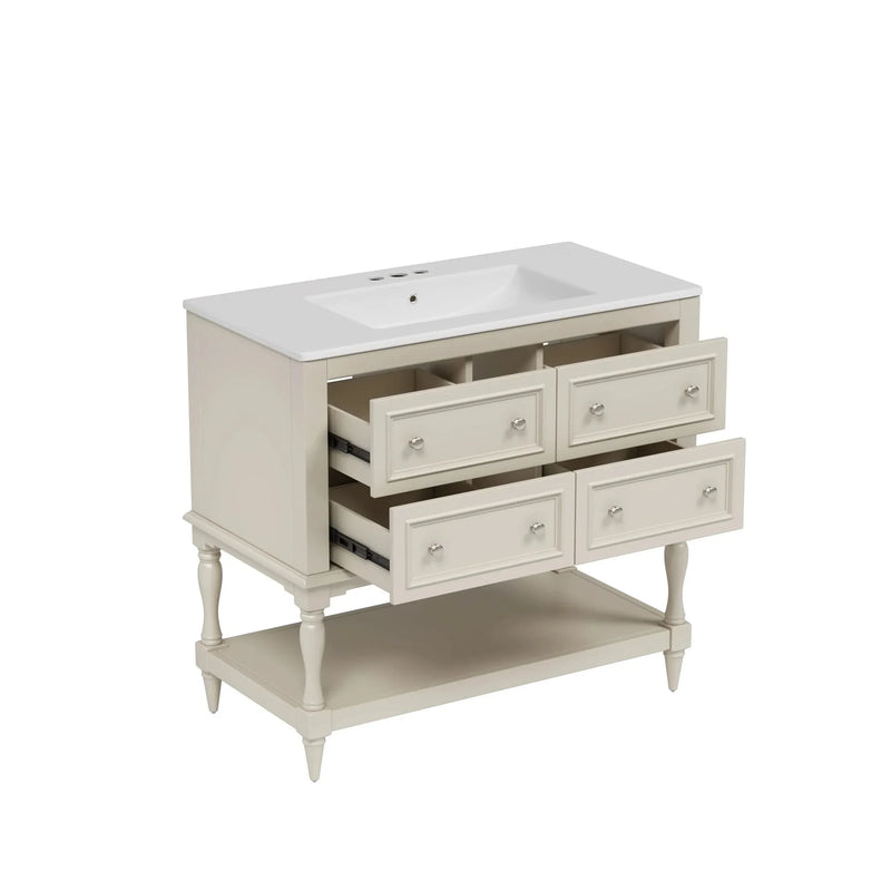 Bathroom Vanity Ceramic Sink Solid Wood Cabinet Beige 36 Inch Free Standing