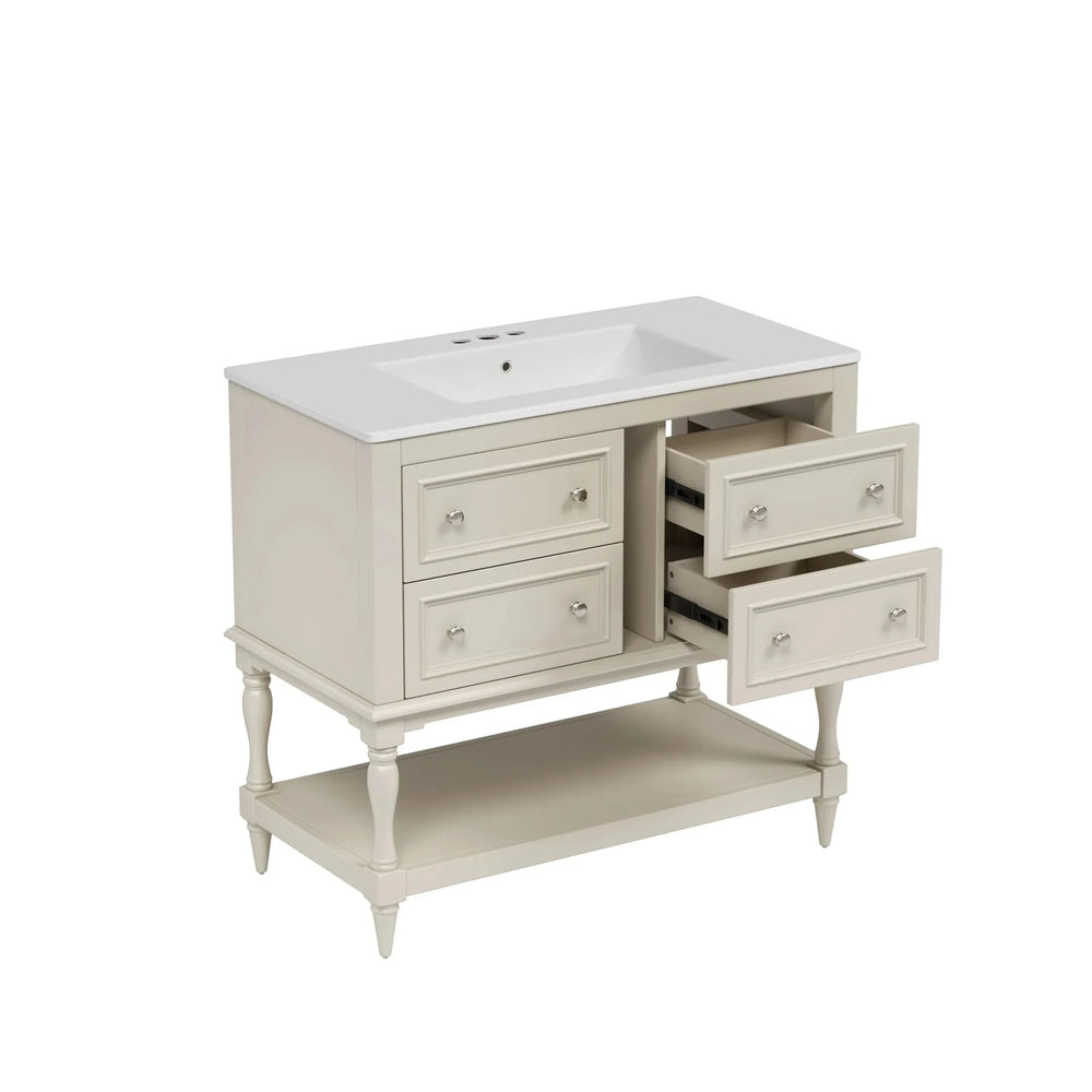 Bathroom Vanity Ceramic Sink Solid Wood Cabinet Beige 36 Inch Free Standing Media 12