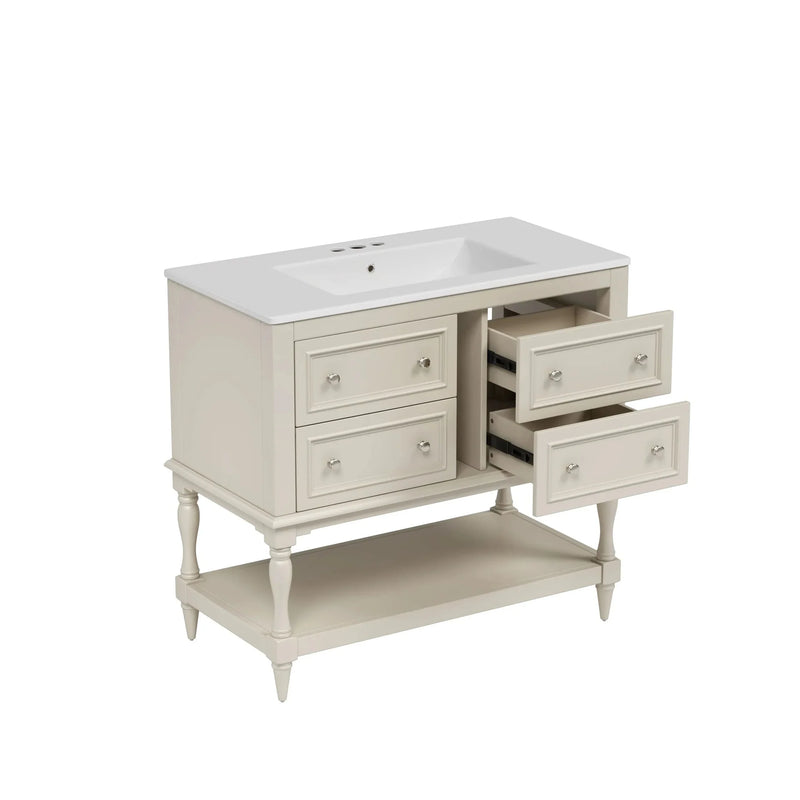 Bathroom Vanity Ceramic Sink Solid Wood Cabinet Beige 36 Inch Free Standing