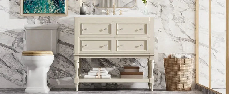 Bathroom Vanity Ceramic Sink Solid Wood Cabinet Beige 36 Inch Free Standing