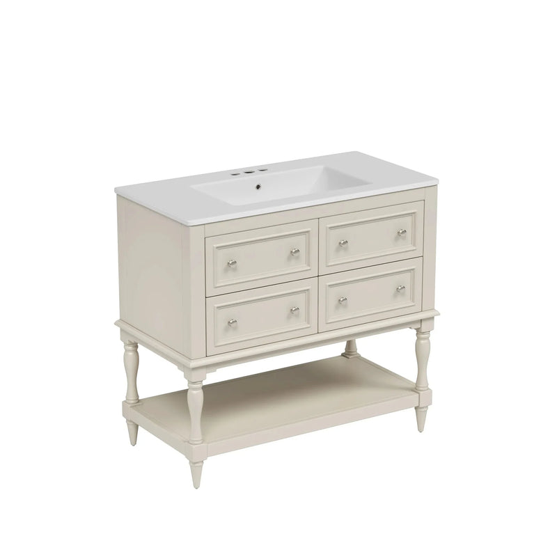 Bathroom Vanity Ceramic Sink Solid Wood Cabinet Beige 36 Inch Free Standing