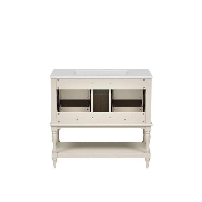 Bathroom Vanity Ceramic Sink Solid Wood Cabinet Beige 36 Inch Free Standing