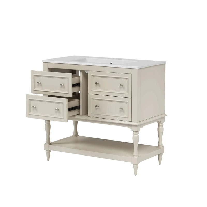 Bathroom Vanity Ceramic Sink Solid Wood Cabinet Beige 36 Inch Free Standing