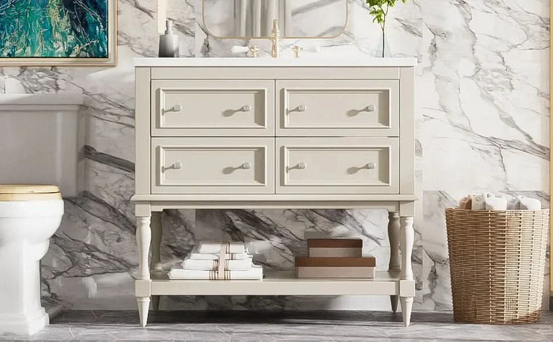 Bathroom Vanity Ceramic Sink Solid Wood Cabinet Beige 36 Inch Free Standing