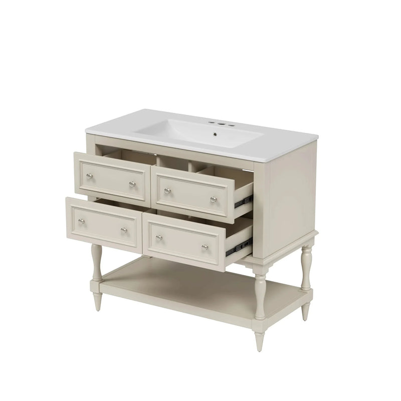 Bathroom Vanity Ceramic Sink Solid Wood Cabinet Beige 36 Inch Free Standing