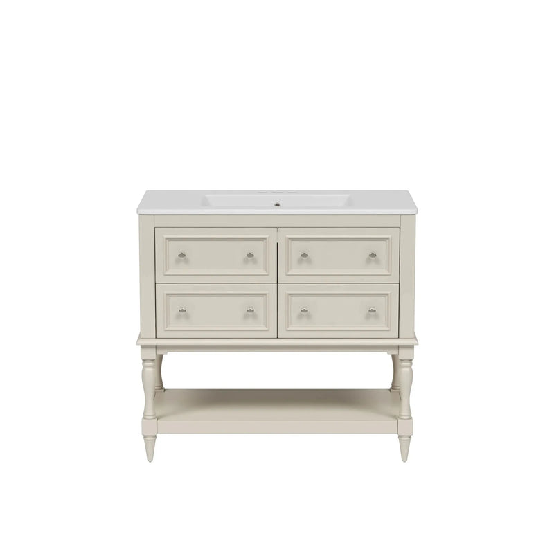Bathroom Vanity Ceramic Sink Solid Wood Cabinet Beige 36 Inch Free Standing