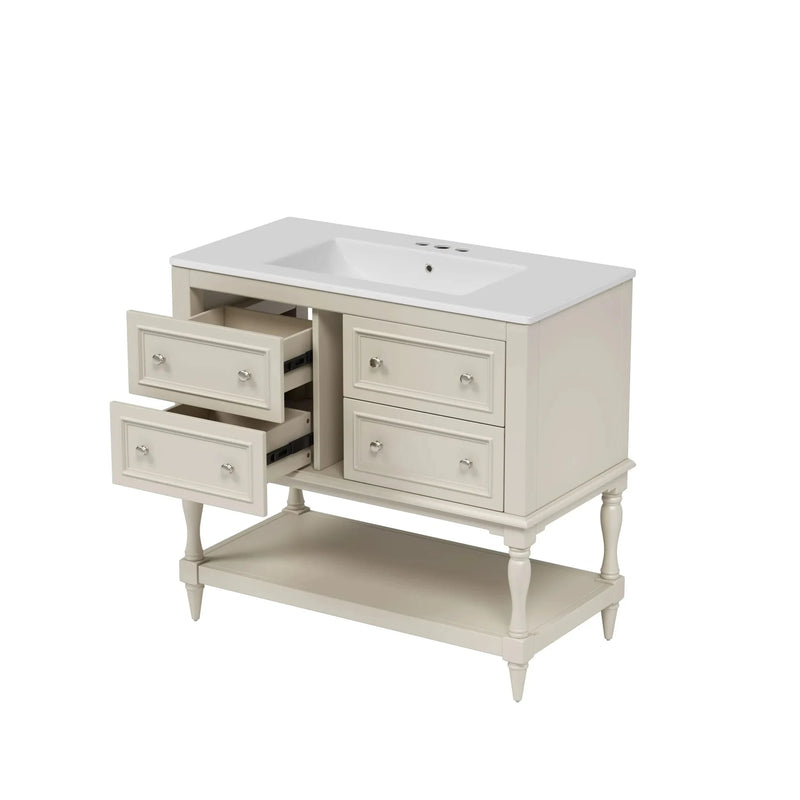 Bathroom Vanity Ceramic Sink Solid Wood Cabinet Beige 36 Inch Free Standing