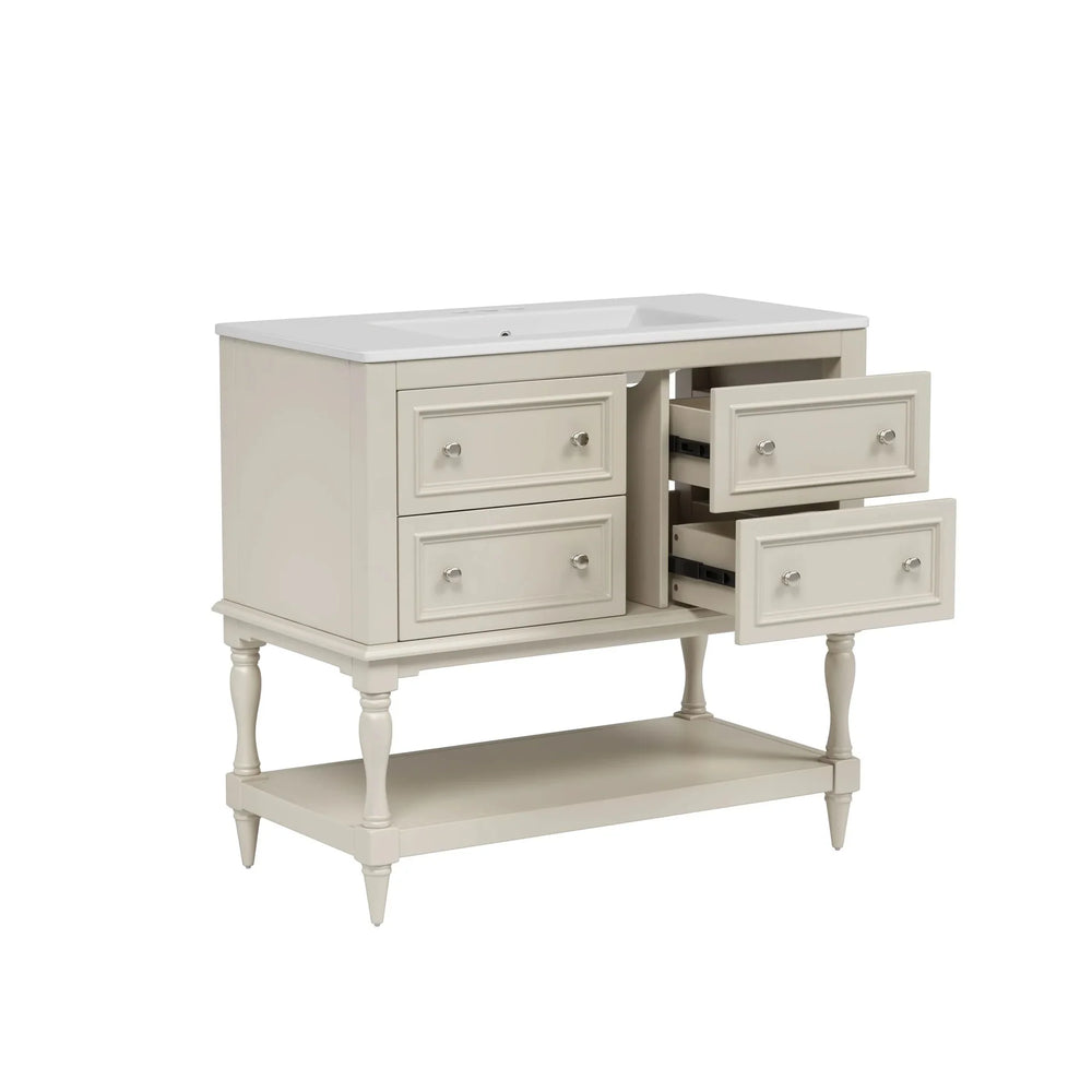 Bathroom Vanity Ceramic Sink Solid Wood Cabinet Beige 36 Inch Free Standing Media 7