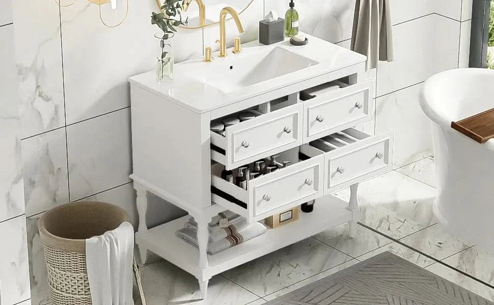Bathroom Vanity Cabinet Ceramic Undermount Sink White Finish Modern Media 22