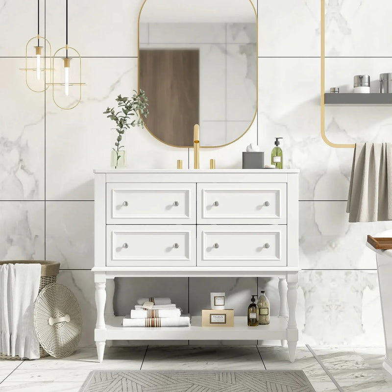 Bathroom Vanity Cabinet Ceramic Undermount Sink White Finish Modern