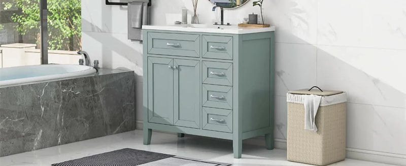 Bathroom Vanity Solid Wood With Sink Green 36 Inch Wide Cabinet Storage