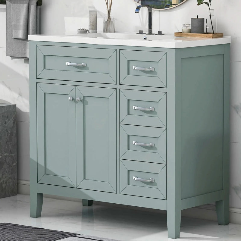 Bathroom Vanity Solid Wood With Sink Green 36 Inch Wide Cabinet Storage