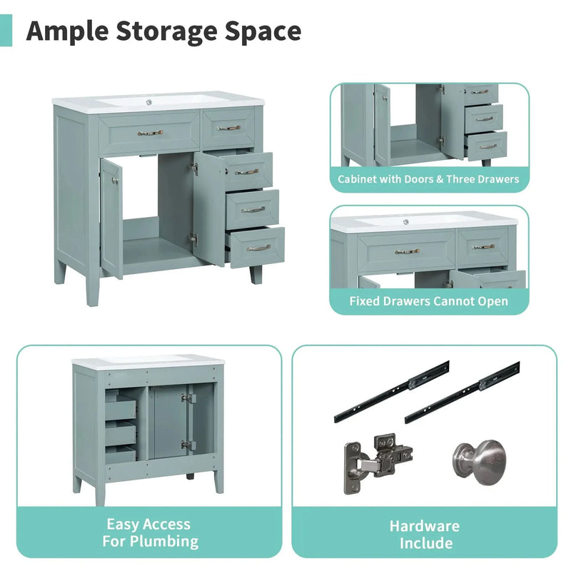 Bathroom Vanity Solid Wood With Sink Green 36 Inch Wide Cabinet Storage