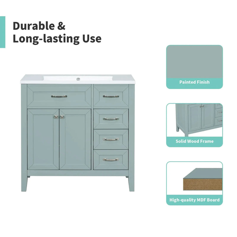 Bathroom Vanity Solid Wood With Sink Green 36 Inch Wide Cabinet Storage