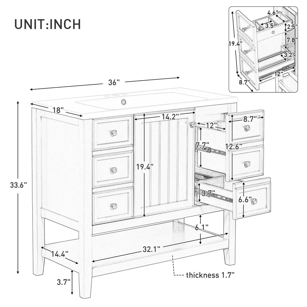 Bathroom Vanity With Sink 36 Inch Solid Wood White Cabinet & Drawers Media 8