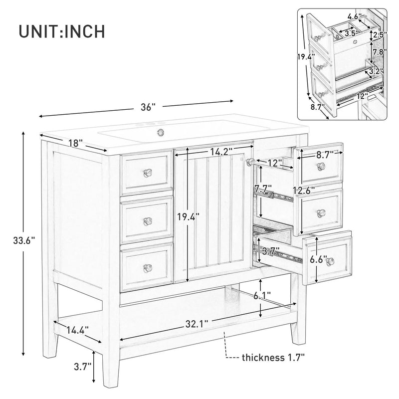 Bathroom Vanity With Sink 36 Inch Solid Wood White Cabinet & Drawers